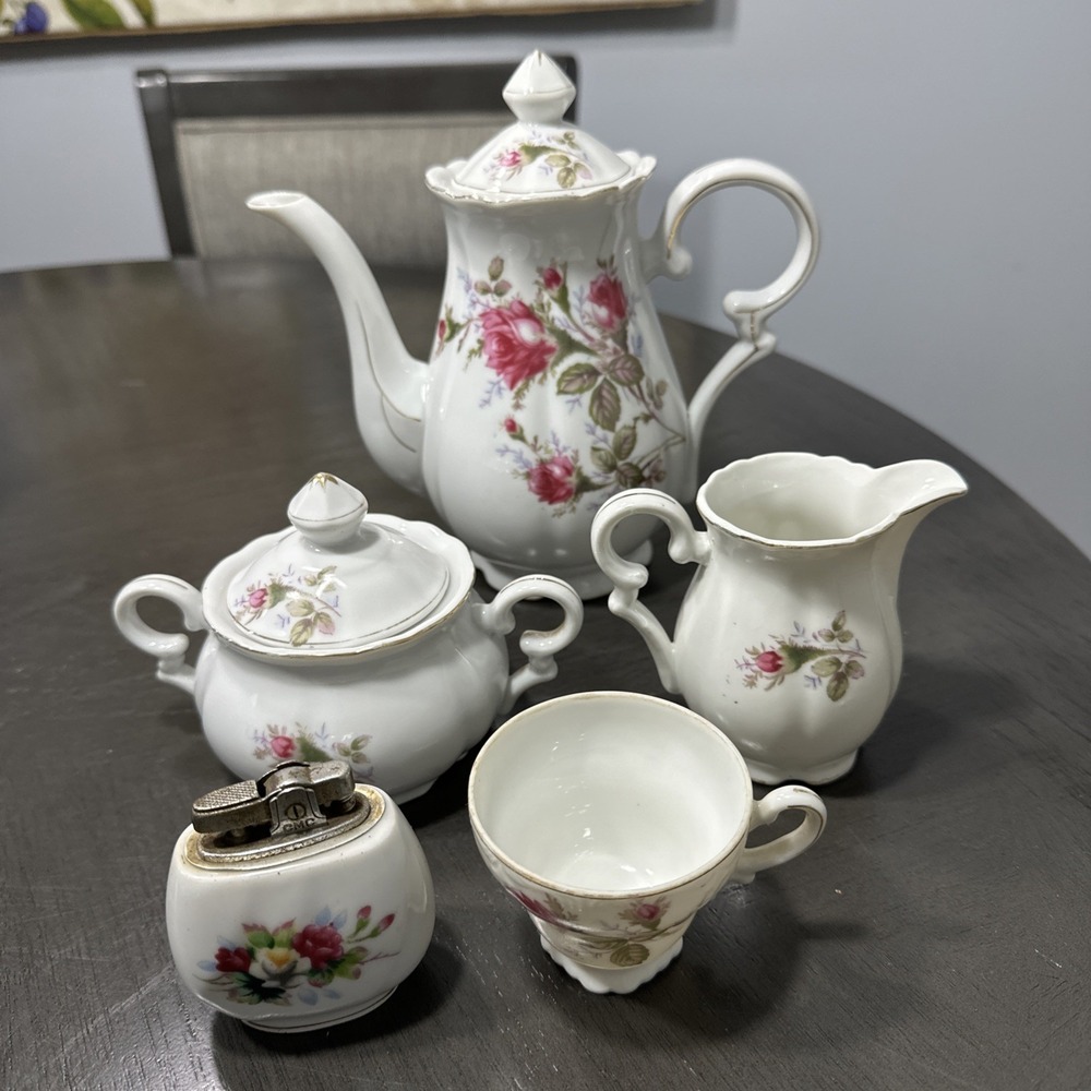 Vintage Moss Rose Set Teapot Auger Creamer Table Lighter And Cup